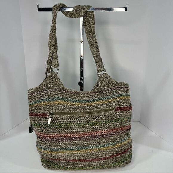 THE SAK Voyager Crochet Gray Stripped Belle Shoulder Tote Bohemian Medium Bag - Picture 3 of 12